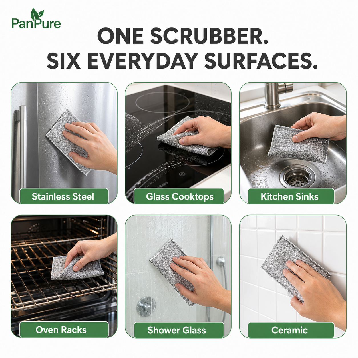 PanPure scrubber on multiple kitchen surfaces